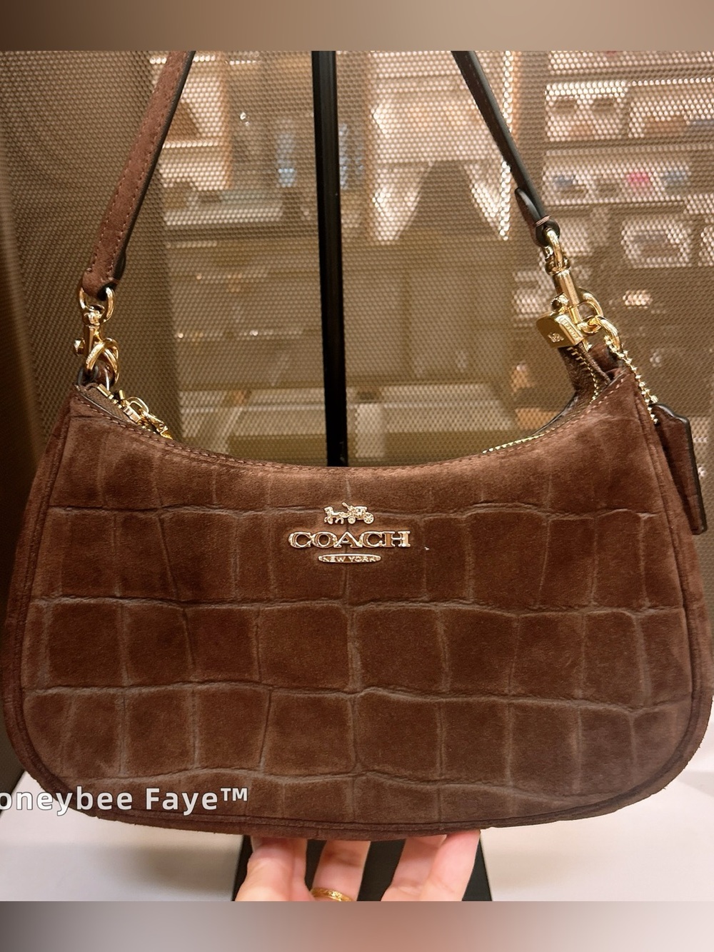 Coach soft Teri Brown Suede Croc-Embossed Shoulder Bag with Gold Hardware - Picture 2 of 7
